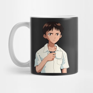 Shinji Holding a Mug HD  90s grain Texture Restored image Neon Genesis Evangelion Mug